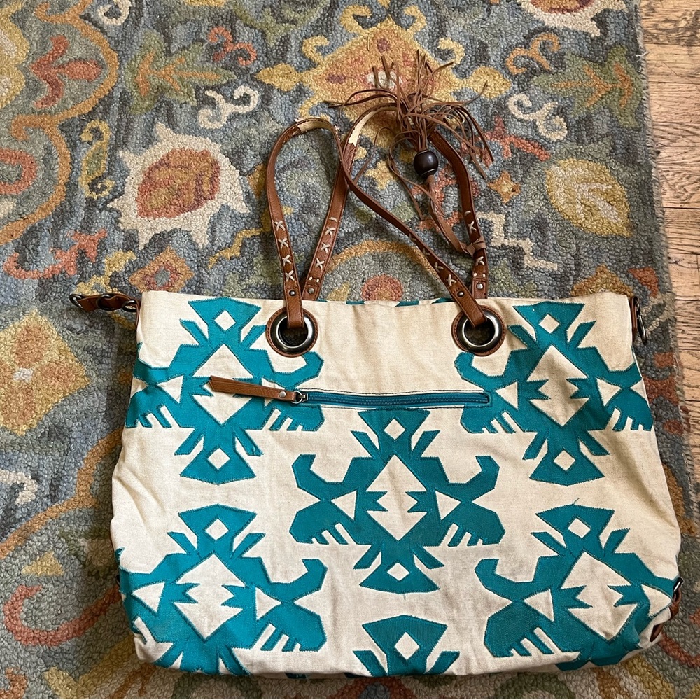 Lucky Canvas Tote Bag with Teal Aztec Print and Brown Leather Straps